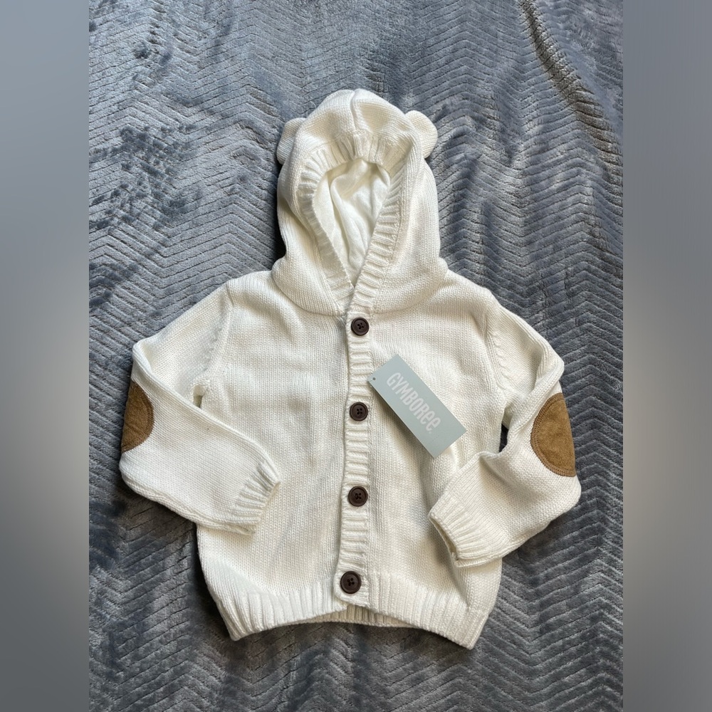 NWT Gymboree Cream‎ Knit Hooded Cardigan Sweater Bear Ears Elbow Patch 18-24 Mo